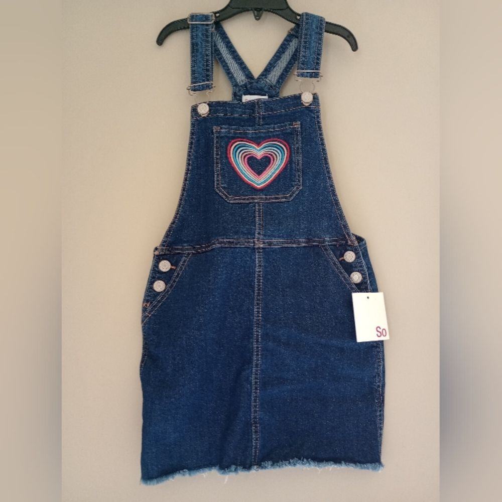 NWT SO Denim Overalls Skirt Embroidered Heart Size 10